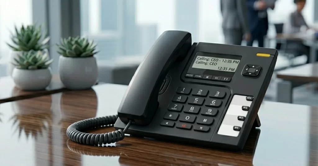 Modern Alcatel business landline phone placed on an office desk, highlighting clear audio, reliable connectivity, and professional workplace communication. Select 81 more words to run Humanizer.